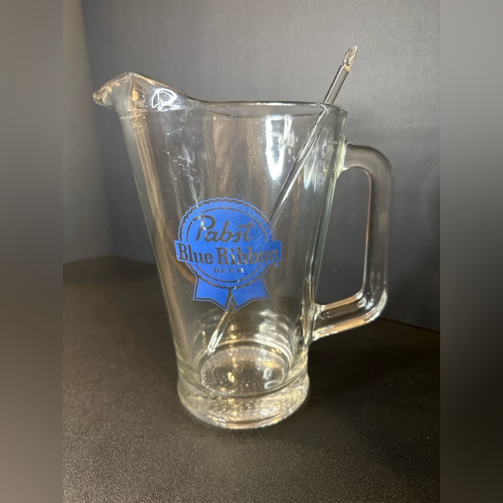 Vintage Pabst Blue Ribbon Glass Beer Pitcher w/ Stirrer‎